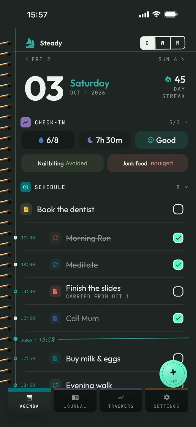 The day view in the Paper design in dark mode.