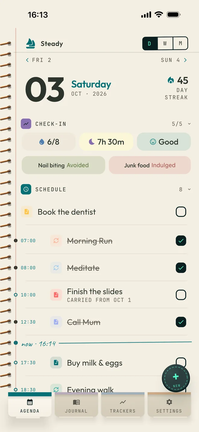Steady Club's day view in the Paper design for Saturday 3 October: a check-in for water, sleep and mood, then routines and tasks in time order with a line marking the current time.