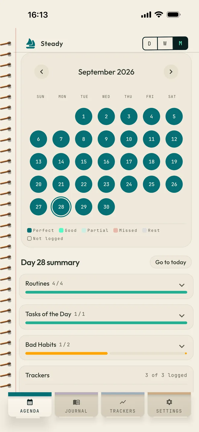 Month view in the Paper design: a September calendar with most days marked as shown up, and a summary of the selected day below.