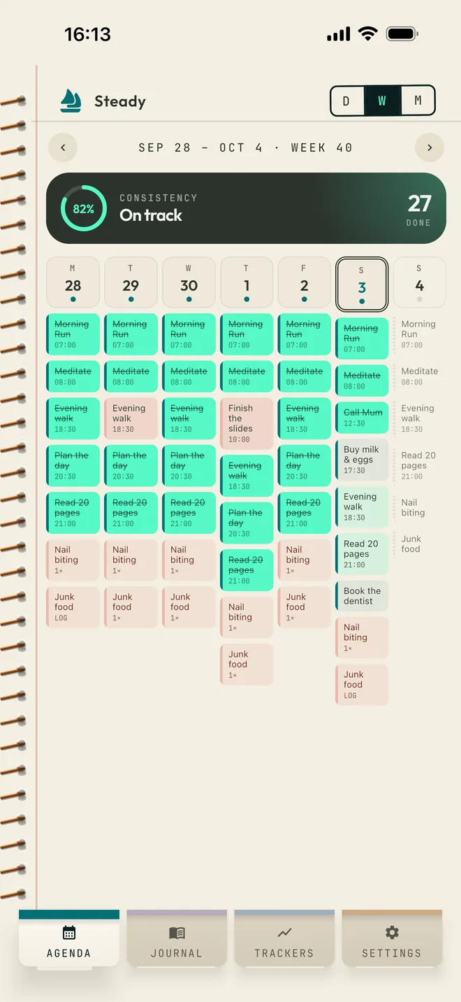 Week view in the Paper design: seven days side by side, each with its routines and tasks, under an "On track" summary.
