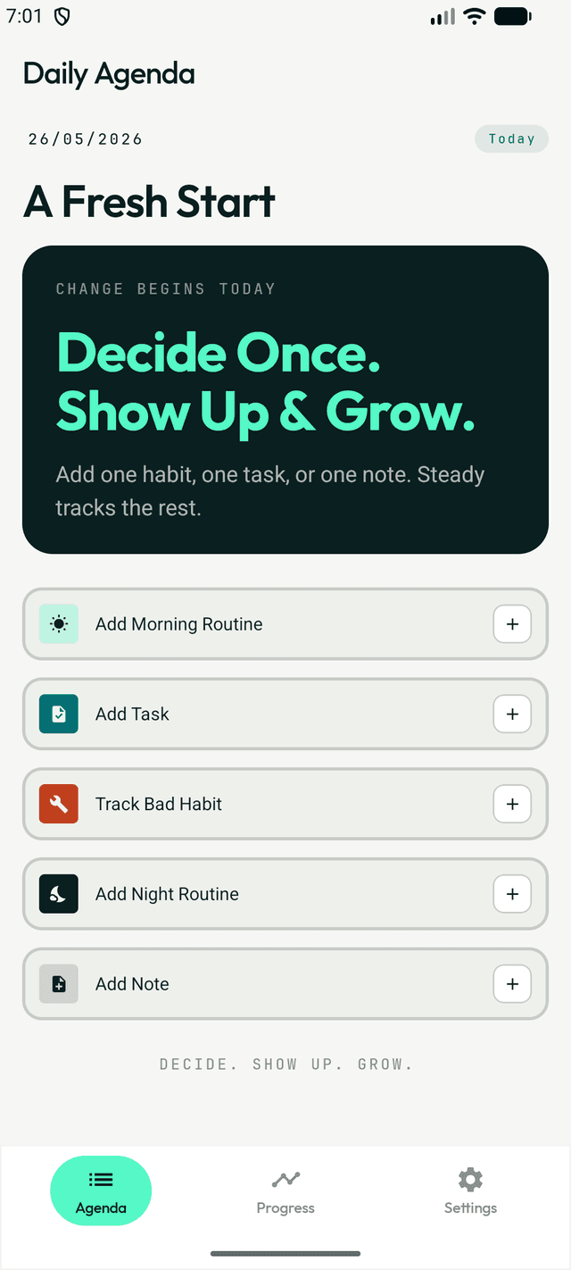 Steady's Daily Agenda screen — A Fresh Start: Decide Once. Show Up & Grow.