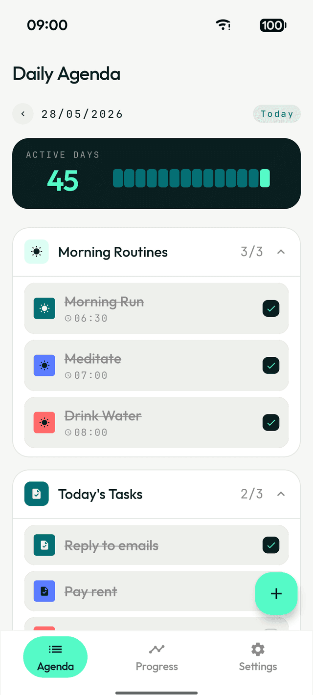 Steady's Daily Agenda showing a 45-day active-day streak with morning routines checked off and today's tasks.