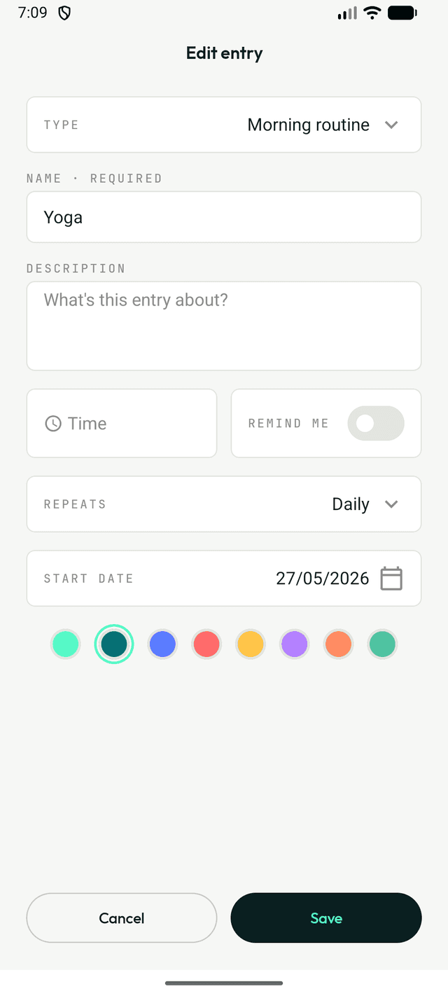 Steady's edit-entry screen with optional reminder time, daily repeat schedule, and a color picker for a habit.