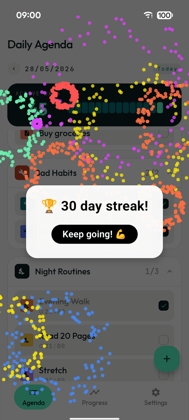 Steady celebrating a 30-day streak milestone with a fireworks animation over the daily agenda.