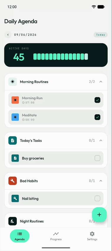Steady celebrating a streak milestone with a fireworks animation over the daily agenda.