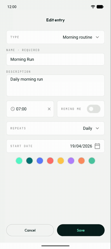 Steady's edit-entry screen in motion: setting an optional reminder time, daily repeat schedule, and habit color.